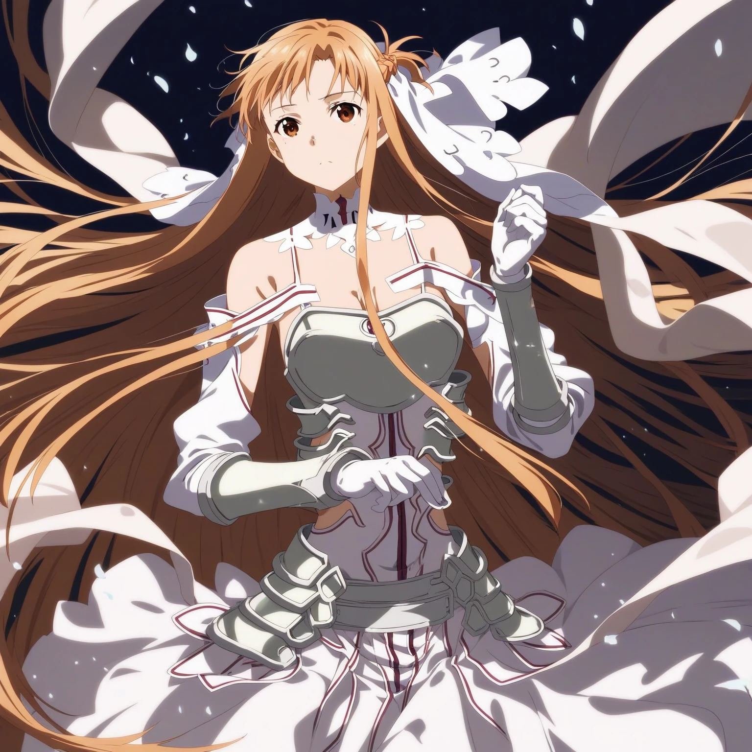 ((masterpiece)), Highest quality, Very detailed,(One Girl),Yuki Asuna、Asuna (Stay), Brown eyes, Bare shoulders, chest当て, armor, Removable sleeves, gloves, white gloves, dress, (red and white dress), Long Hair, Beautiful background ,clothing,  chest, 