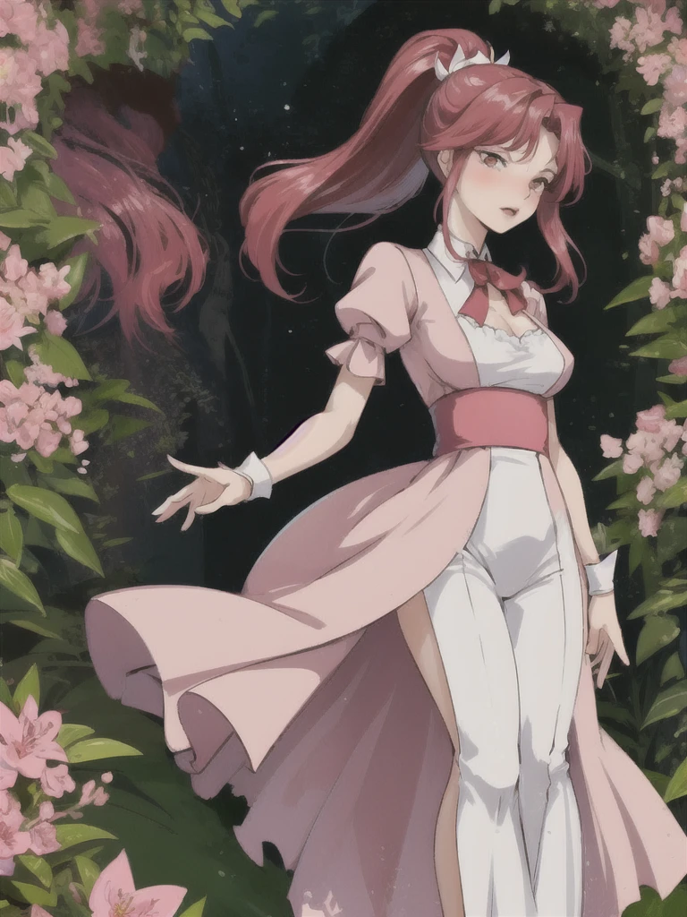A girl ，Light pink cherry blossom dress，High Ponytail，Big red hair，Bright red hair，big eyes，Blush on face，Slight blush on the face，Shy expression，Hands behind your back，little cherry mouth，Full body shot，Stand among the flowers，There are many trees around. The plump breasts are tightly wrapped. The finger details are beautifully manicured. Big breasts
