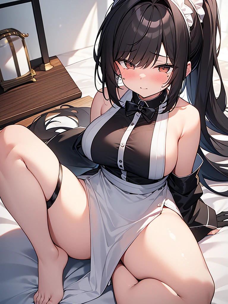 NSFW:1.3. Composition seen from above at an angle:1.3、Completely naked:1.3. Maid uniform、The young wife is a former student council president, a 28-year-old woman, having sex:1.9. Chin Chin:1.3 Tears of Despair:1.3. Blushed cheeks:1.3 Humiliation:1.3 Glaring Black Hair Long Ponytail:1.3. On the White Bed:1.3,(Slit eyes、Brown eyes、tall、Big breasts)