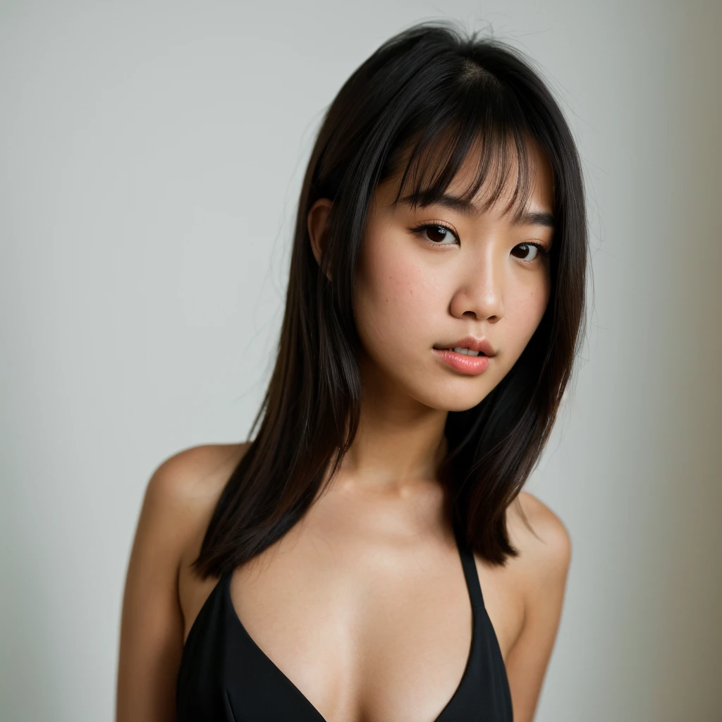 young girl, Asian girl with dark brown hair, big breast, she is dressed in elegant black dress, photo taken on a white background, face close-up. Ultra-high resolution, (photorealistic: 1.4), high resolution, (brown eyes), (finely detailed skin), (perfectly proportioned) (photo realistic) (masterpiece) (photorealistic), ultrarealistic (Best Quality) (Detailed) photographed in a Canon EOS R5, 50mm Lens, F/2.8, (8K) (Wallpaper) (Natural lighting) (Convoluted) Fashion