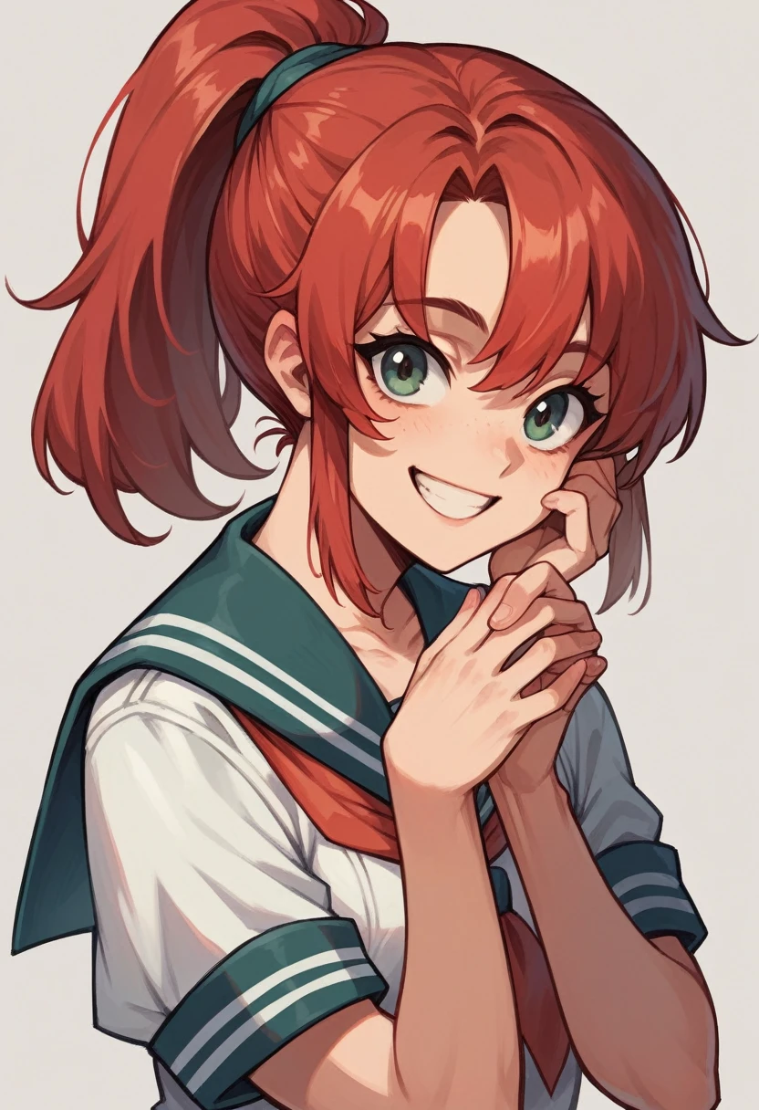 Girl, red hair, ponytail, smile, sailor suit, cracking walnut shells with bare hands,