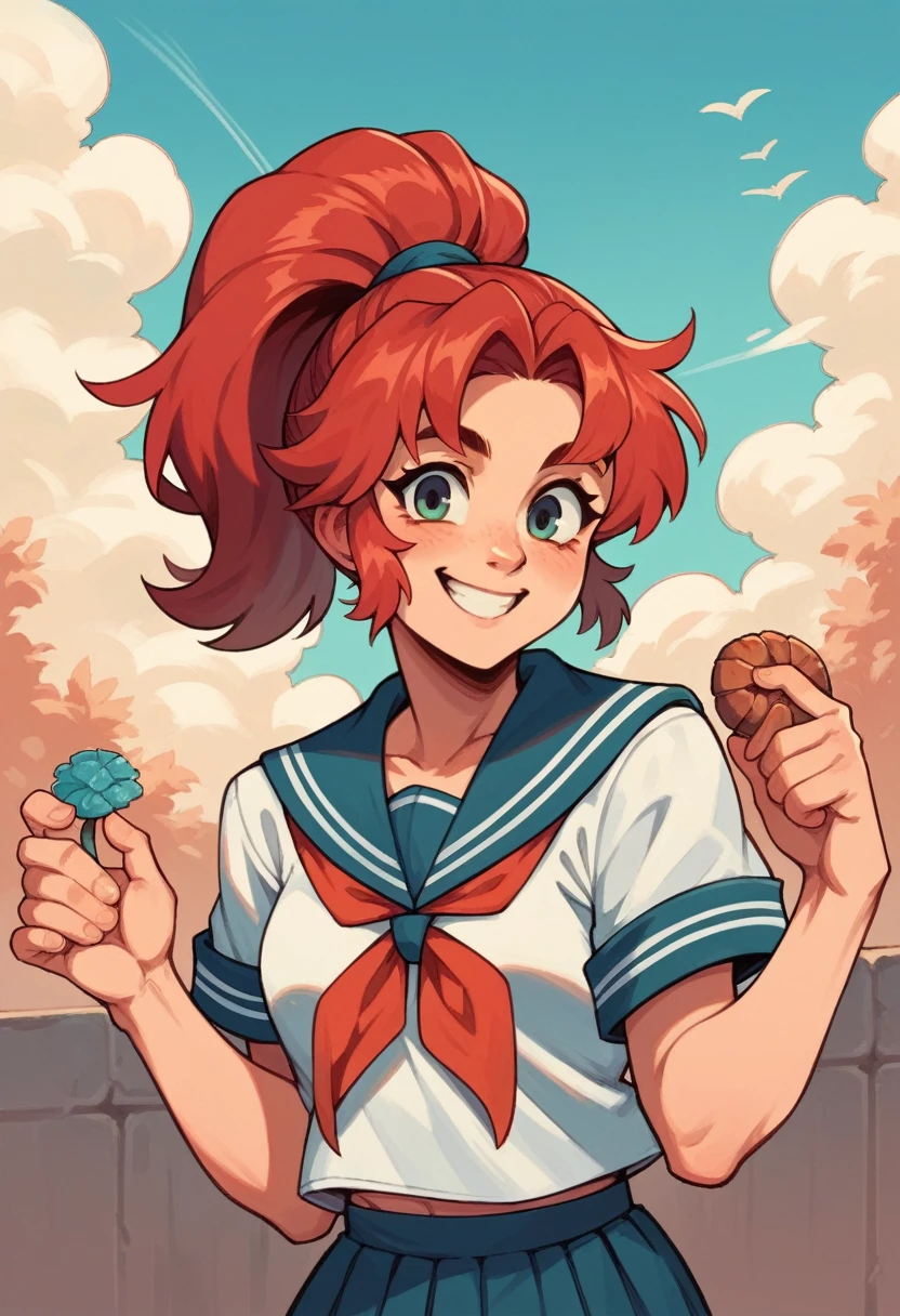 Girl, red hair, ponytail, smile, sailor suit, cracking walnut shells with bare hands,