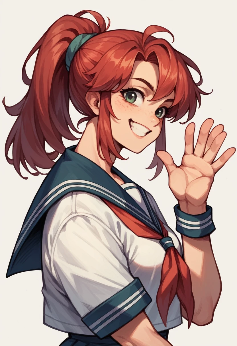Girl, red hair, ponytail, smile, sailor suit, cracking walnut shells with bare hands,