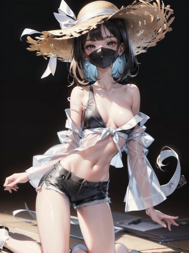 absurdres, RAW photo, extremely delicate and beautiful, masterpiece, Best Quality, ultra high resolution, 32k, hyperrealistic, ultra-detailed, perfect anatomy, super Detailed skin, Super Beauty, perfect figure, Perfect Style, Perfect balance, in her 20s, very small head, very small face, delicate facial features, tearful mole, earring, very huge breasts, bare legs, full body shot, medium hair, black hair, casual, blouse, white shirt, buttoned shirt, bare shoulders, collarbone, midriff, navel, shorts, straw hat,