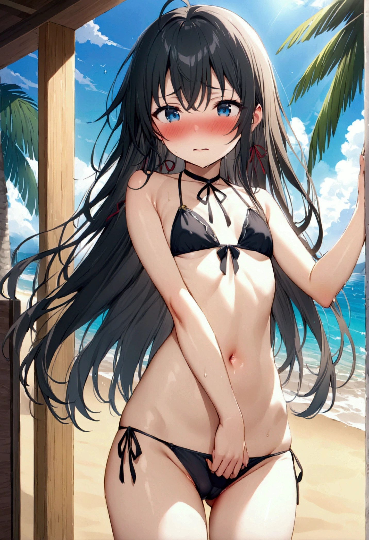 NSFW,masterpiece,Highest quality,High resolution,Super detailed,Yukinoshita Yukino\(My Youth Romantic Comedy is Wrong as Expected\),Black Hair,Long Hair,Light blue eyes,High quality bikini,Halter neck,Small breasts,Embarrassed,blush,beach,Palm tree,Beach parasol