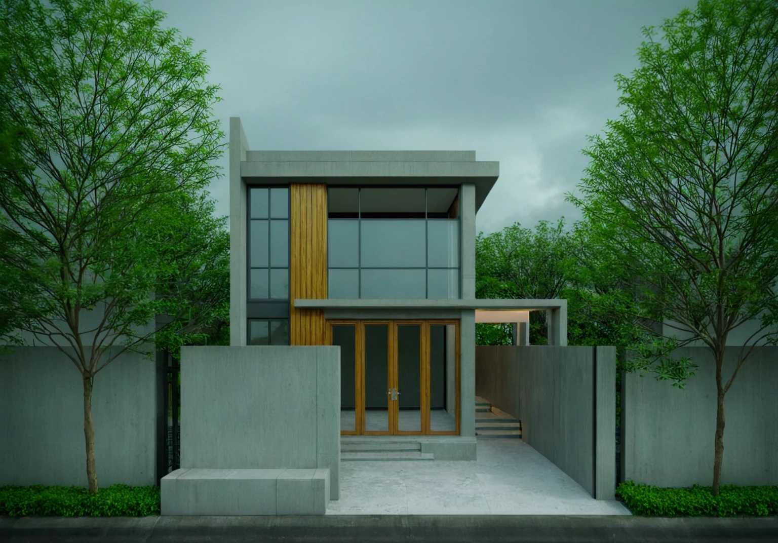 exterior of house, modern, townhouse, Modern house gate, minimalistic, the house is located in an urban area of Hanoi Vietnam, wall concrete gray and wood, facing the road, plant and tree, sidewalks, sidewalk trees, corona render, 3ds max, wide view, overcast sky, a moody foggy environment, sunny cinematic, natural light
