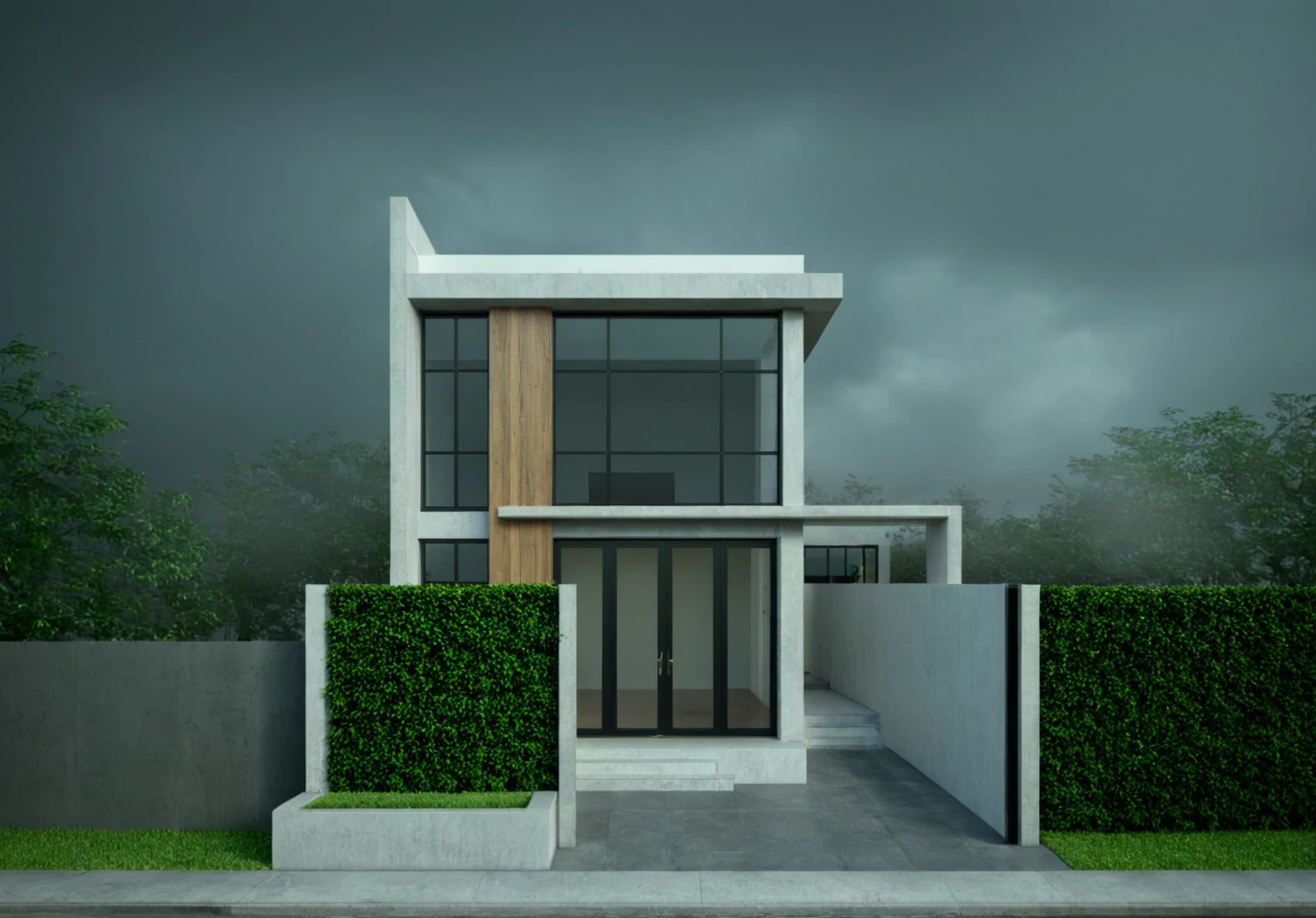 exterior of house, modern, townhouse, Modern house gate, minimalistic, the house is located in an urban area of Hanoi Vietnam, wall concrete gray and wood, facing the road, plant and tree, sidewalks, sidewalk trees, corona render, 3ds max, wide view, overcast sky, a moody foggy environment, sunny cinematic, natural light
