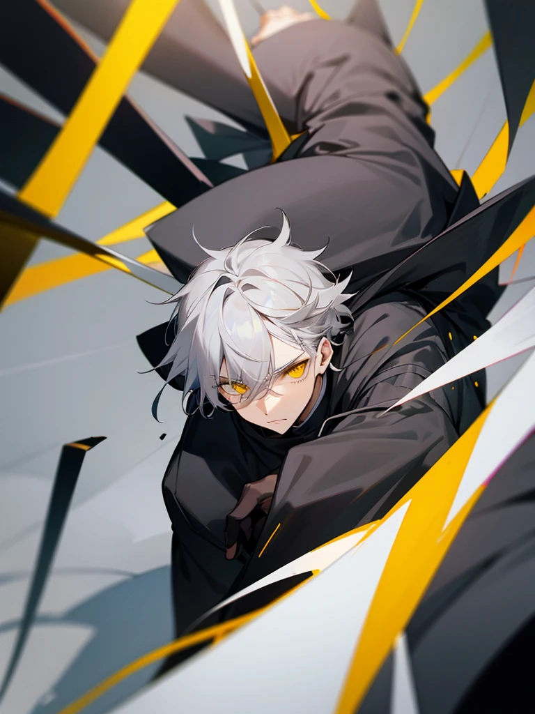 Male character with gray hair and yellow eyes and black clothes 