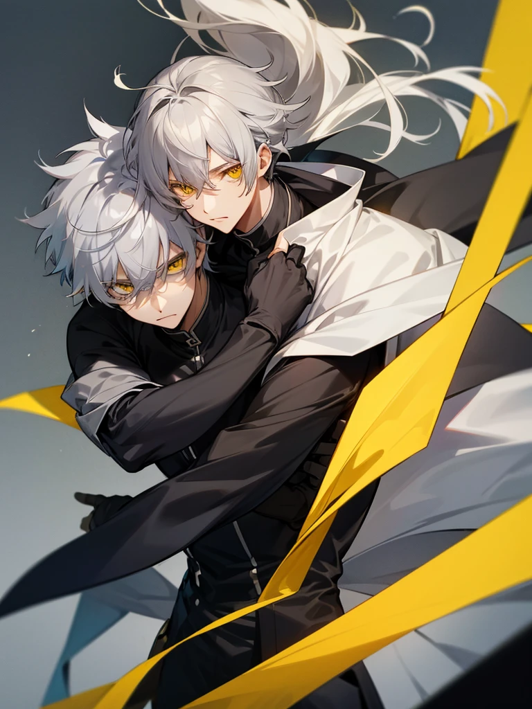 Male character with gray hair and yellow eyes and black clothes 