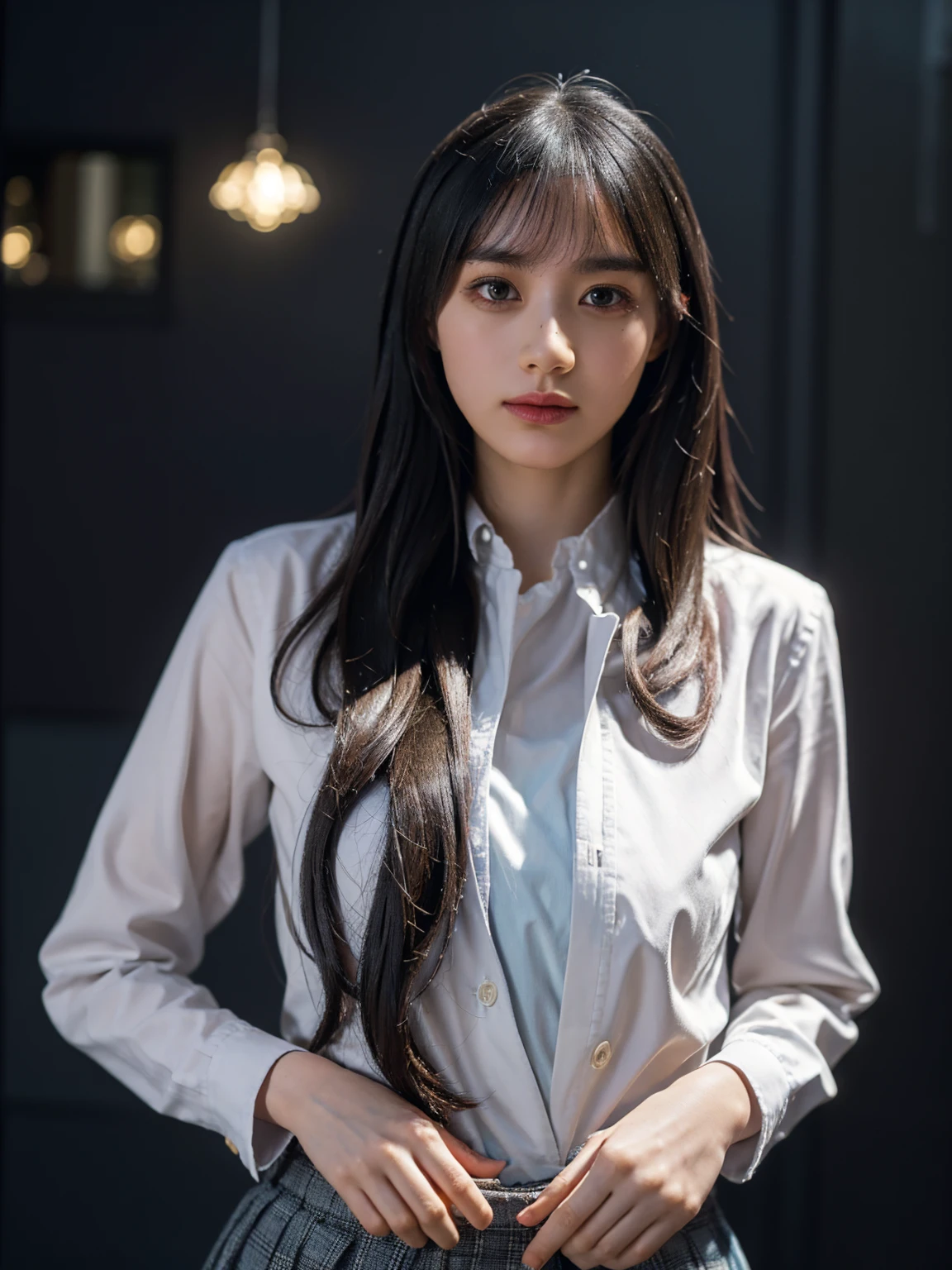 1girl, woman, masterpiece, best quality, highest quality, cinematic lighting, (volumetric lighting), extremely detailed CG unity 8k wallpaper, focused, 8k wallpaper, extremely detailed, ultra realistic, photorealistic, sharp focus, absurdres, (HDR:1.2), (high contrast), photograph, detailed and intricate, instagram, portrait, highly detailed, digital painting, artstation, concept art, smooth, sharp focus, illustration, cinematic lighting, (big breast), (whole body:1.2), white collar shirt, open shirt, open the button, show thigh, mini skirt, (full body), looking at the viewer, (long hair)