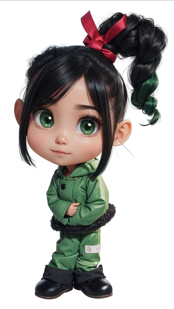 a  , very cute, with green coat and tied hair