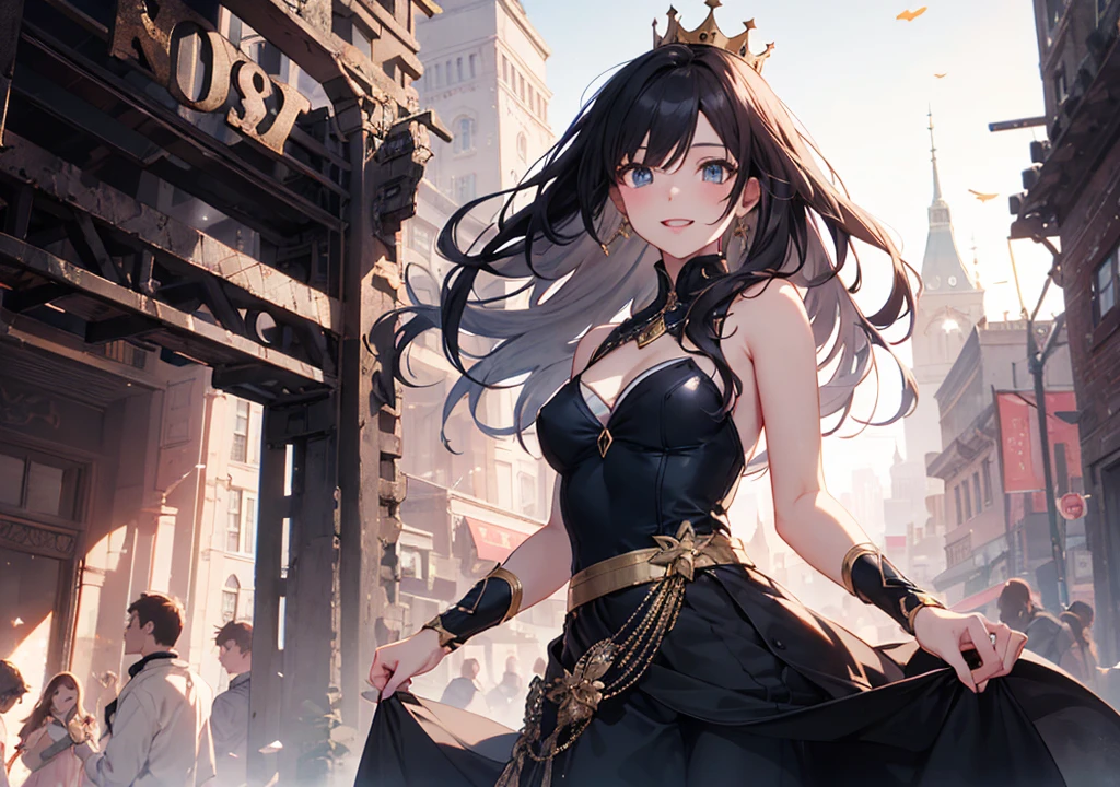 Realistic photos, Focus distance 10mm, Red and white, A big smile, Beautiful girl, Realistic photos, Focus distance 10mmで撮影, masterpiece, 最high quality, high quality, Very detailed CG 8k wallpaper unit, Award-winning photography,  Depth of written boundary, High resolution, bloom, chromatic aberration, Realistic, Very detailed, Art Station Trends, CGsociety Trends, Complex, High detail, dramatic, Art on the go, volumetric lighting, A stunning girl with black hair and a gold crown, in an elegant blue dress, inspired by Disney's Kida from 'Atlantis: The Lost Empire,' standing in an ancient city