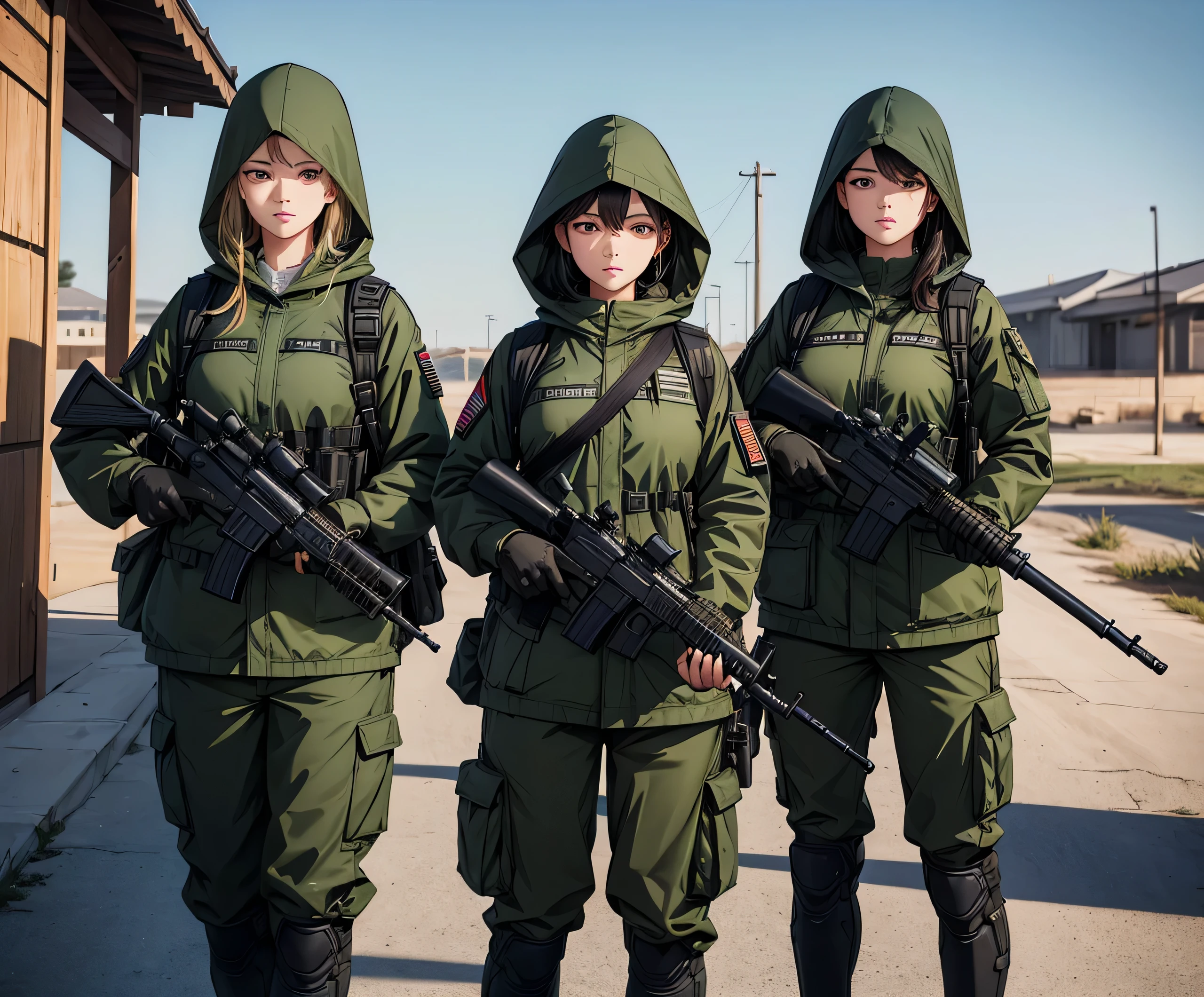 Three female soldiers standing guard with guns,All wear dark green M-51 hooded military uniforms、Hooded on head、Magazine Pouch、Military Pants、Knee pads、Write details、masterpiece、best quality、Highly detailed CG、8K picture quality
