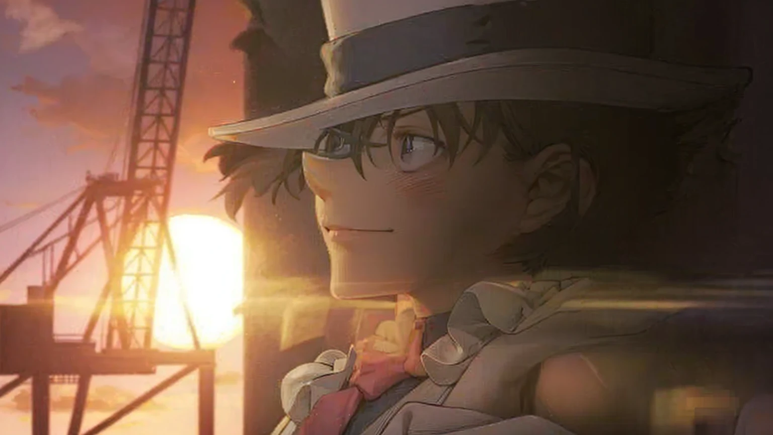 Highest quality、Highest quality、Realistically drawn detailed pictures、anime character with hat and jacket standing in front of a sunset, Shinji, up close shot Shinji aramaki, mamoru hosoda, in the anime film, Close-up of Rei Iwakura, Watching the sunset. anime, anime still film anime shikishi, aramaki Shinji, screenshot from the anime film, shinichi sakamoto