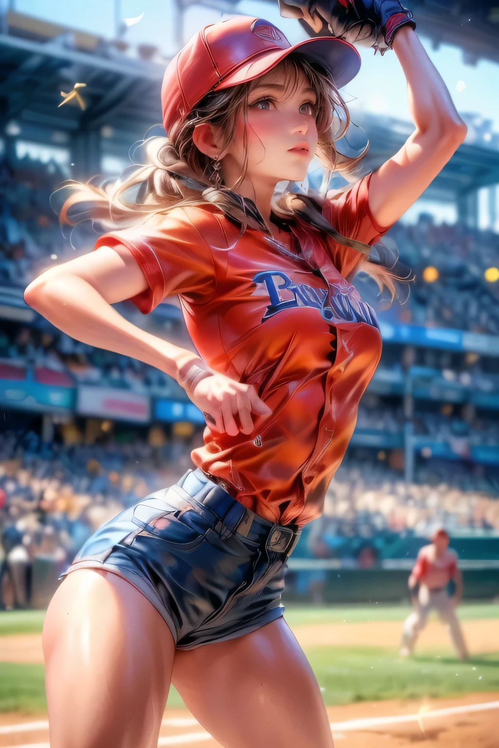 a beautiful lady baseball player holding a baseball glove and ball, detailed face, detailed eyes, detailed nose, detailed lips, muscular body, baseball uniform, denim shorts, dynamic action pose, baseball field background, cinematic lighting, (best quality,4k,8k,highres,masterpiece:1.2),ultra-detailed,(realistic,photorealistic,photo-realistic:1.37)