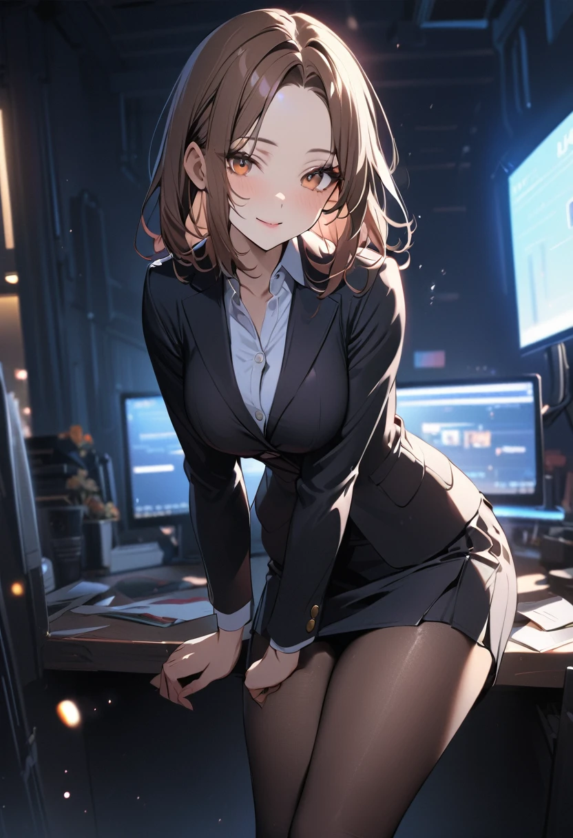 1 girl, bob, center part, forehead, brown hair, piercing, brown eyes, model posing, seductive smile,
BREAK (masterpiece), (high resolution 8K), cinematic lighting, professional lighting, detailed eyes and face, detailed body,
BREAK office lady, (black skirt, long sleeves, pantyhose, black jacket:1.1)