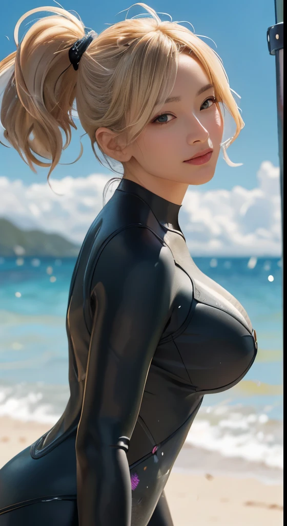 (Perfect Anatomy), (Highest quality), Realistic, (Intricate details, Written boundary depth)、8k Very detailed, Perfect Face, Perfect body, Natural background bokeh.Huge breasts, Very big ass,Open、sexy、Glamour、blonde、Short Bob、Transparency、Perfect appearance、 whole body、Perfect appearance, Natural soft light, Anatomically correct((太ももを含むwhole body)),((SFW:1.5)), Protruding areola,垂れ下がった長いHuge breastsを持つ美しい女性,
Mild climate、Sea and beach、wetsuit((首元をOpen)), Have a surfboard、Wearing accessories、front、((Dynamic pose))、