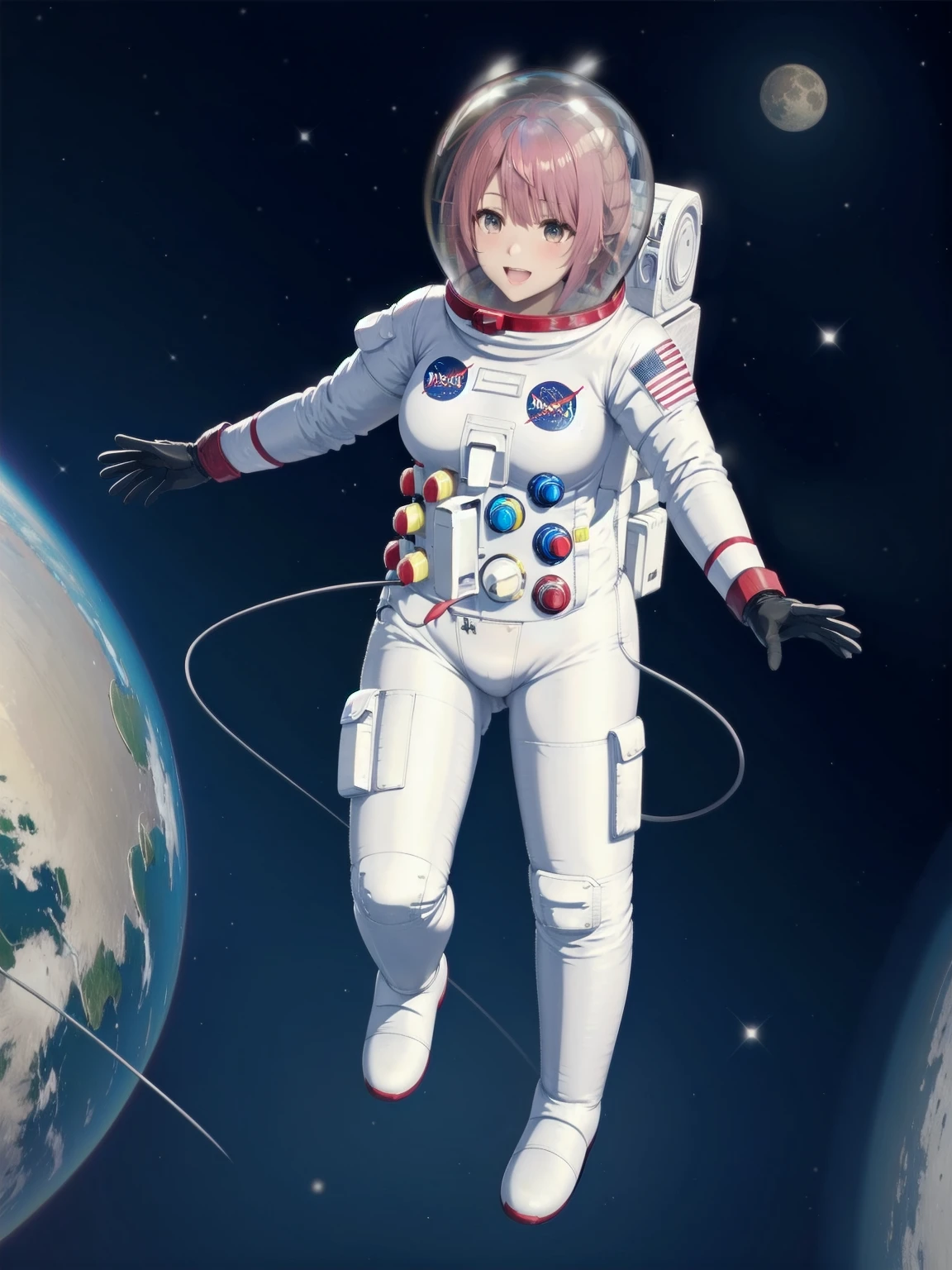 eva helm, spacesuit , astronaut), from above, pink hair, bubble helmet, space helmet,wearing a (spacesuit:1.15), white cargo pants, hovering, flying, moon surface, earth, floating pose, happy, smilebeautiful 8k wallpaper, highly advanced, (sleek design:1.3), intricate, highres, superb, 8k wallpaper, extremely detailed, intricate, FROM ABOVE