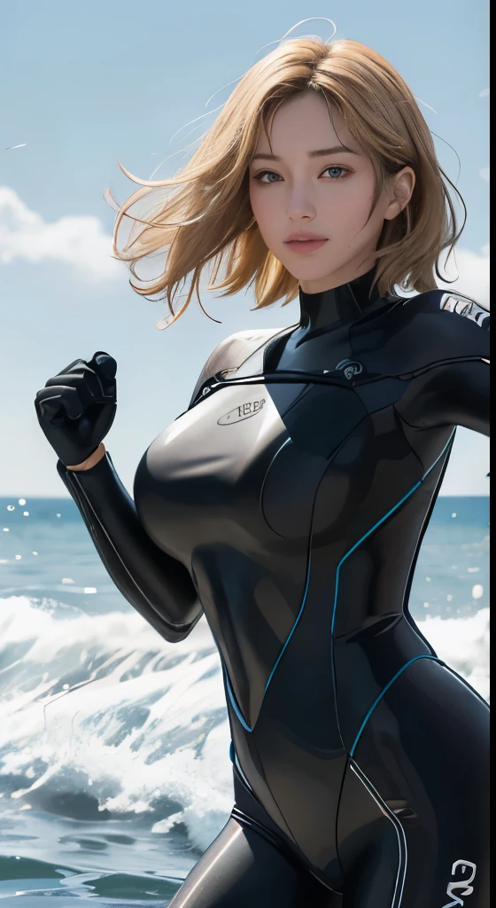 (Perfect Anatomy), (Highest quality), Realistic, (Intricate details, Written boundary depth)、8k Very detailed, Perfect Face, Perfect body, Natural background bokeh.Huge breasts, Very big ass,Open、sexy、Glamour、blonde、Short Bob、Transparency、Perfect appearance、 whole body、Perfect appearance, Natural soft light, Anatomically correct((太ももを含むwhole body)),((SFW:1.5)), Protruding areola,垂れ下がった長いHuge breastsを持つ美しい女性,
Mild climate、Sea and beach、wetsuit((首元をOpen)), Have a surfboard、Wearing accessories、front、((Dynamic pose))、