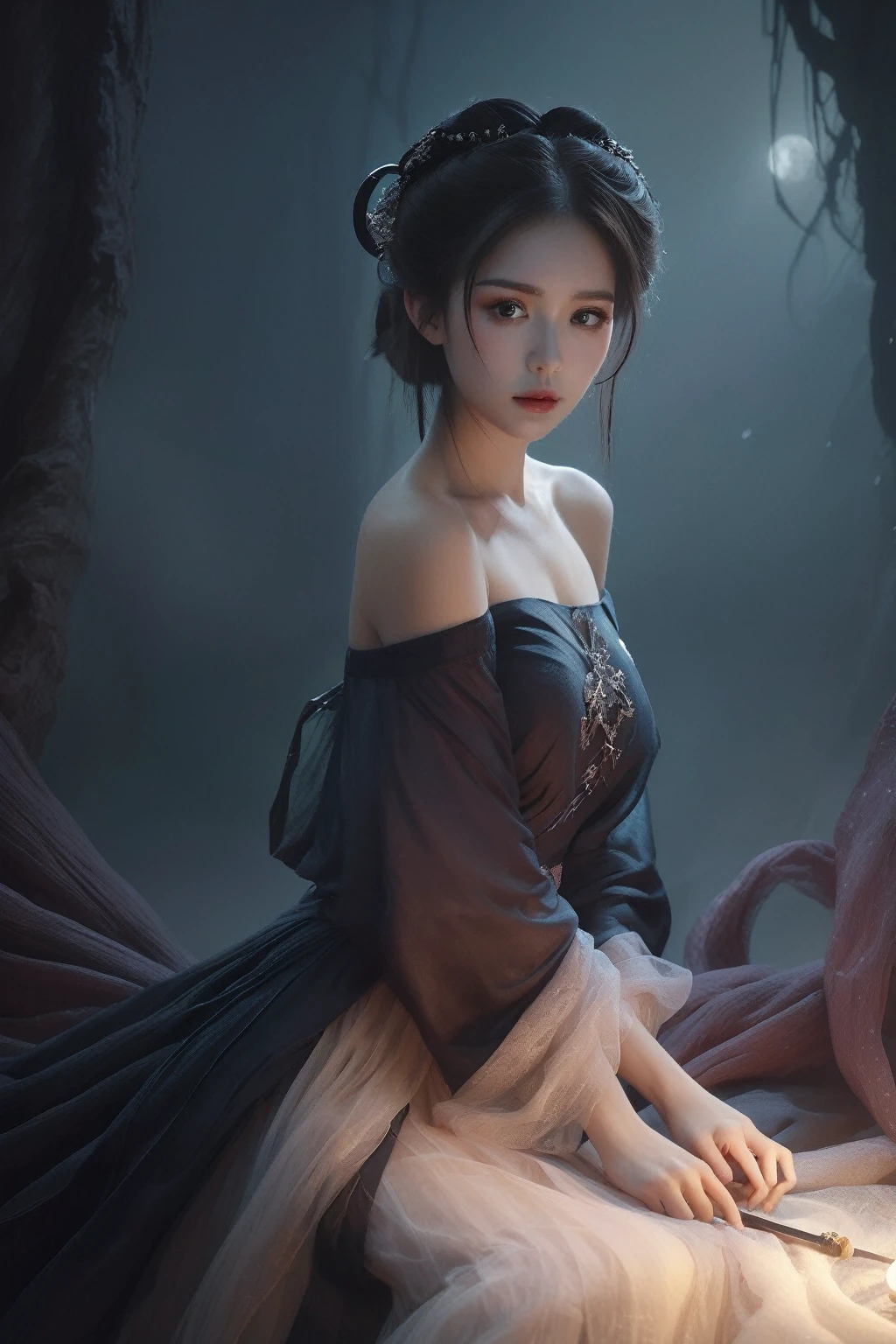 Ultra HD, 8K, Extremely detailed, Photos of Dark Fantasy Art, Girl in tulle skirt,making eye contact, dark, Moody, dark fantasy style, Beautiful Lights, great composition