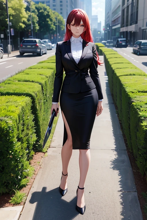 best quality, 1girl, business woman holding a steel sword, black business suit, black midi pencil skirt, black blazer, heels, looking at viewer, full body, long red hair, cloudy garden