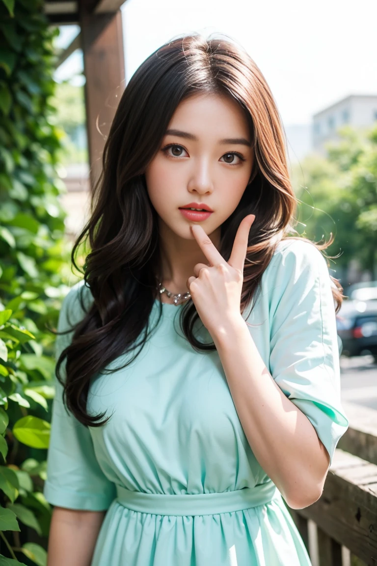 Wavy long hair, Brown Hair, One girl, Emerald Eyes, Shake with two fingers, Pink Lips, Pastel Green Dress,