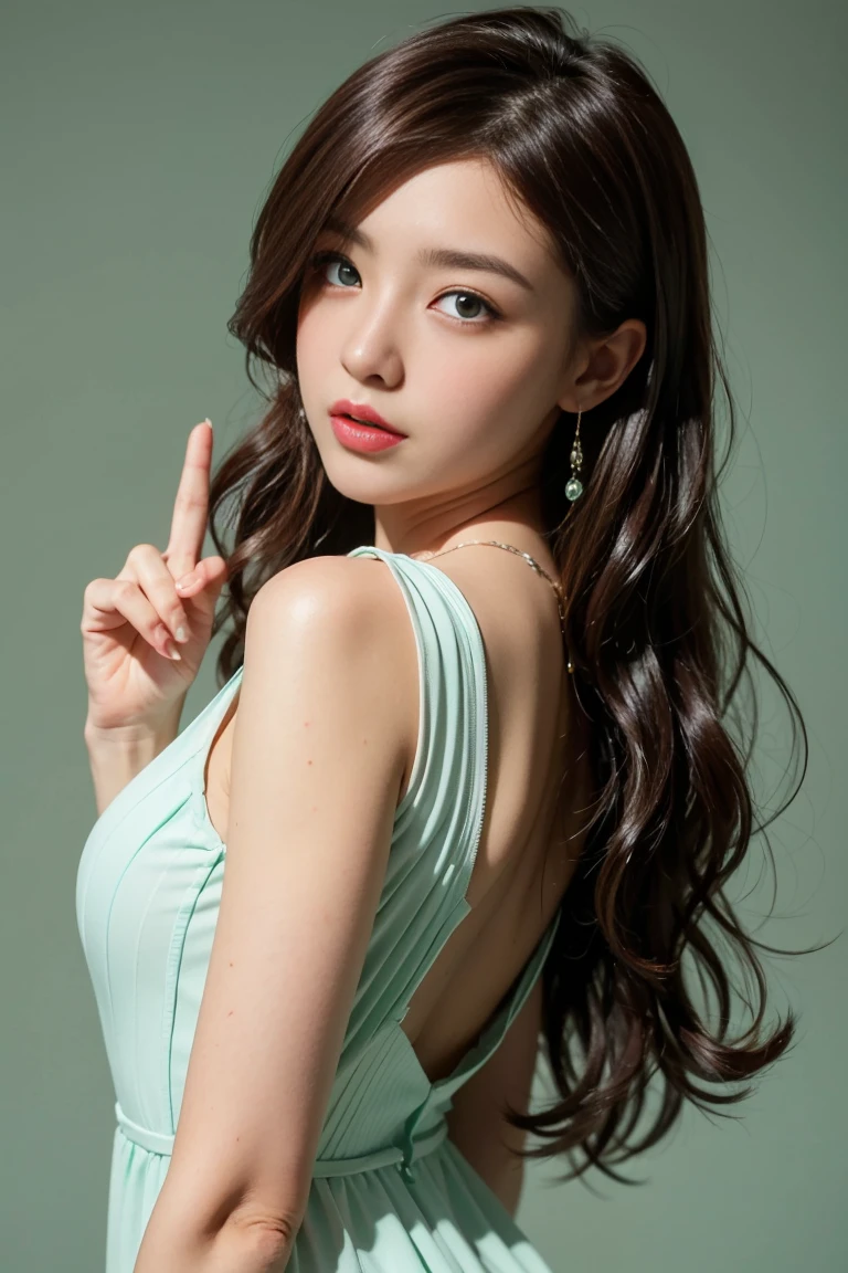 Wavy long hair, Brown Hair, One girl, Emerald Eyes, Shake with two fingers, Pink Lips, Pastel Green Dress,