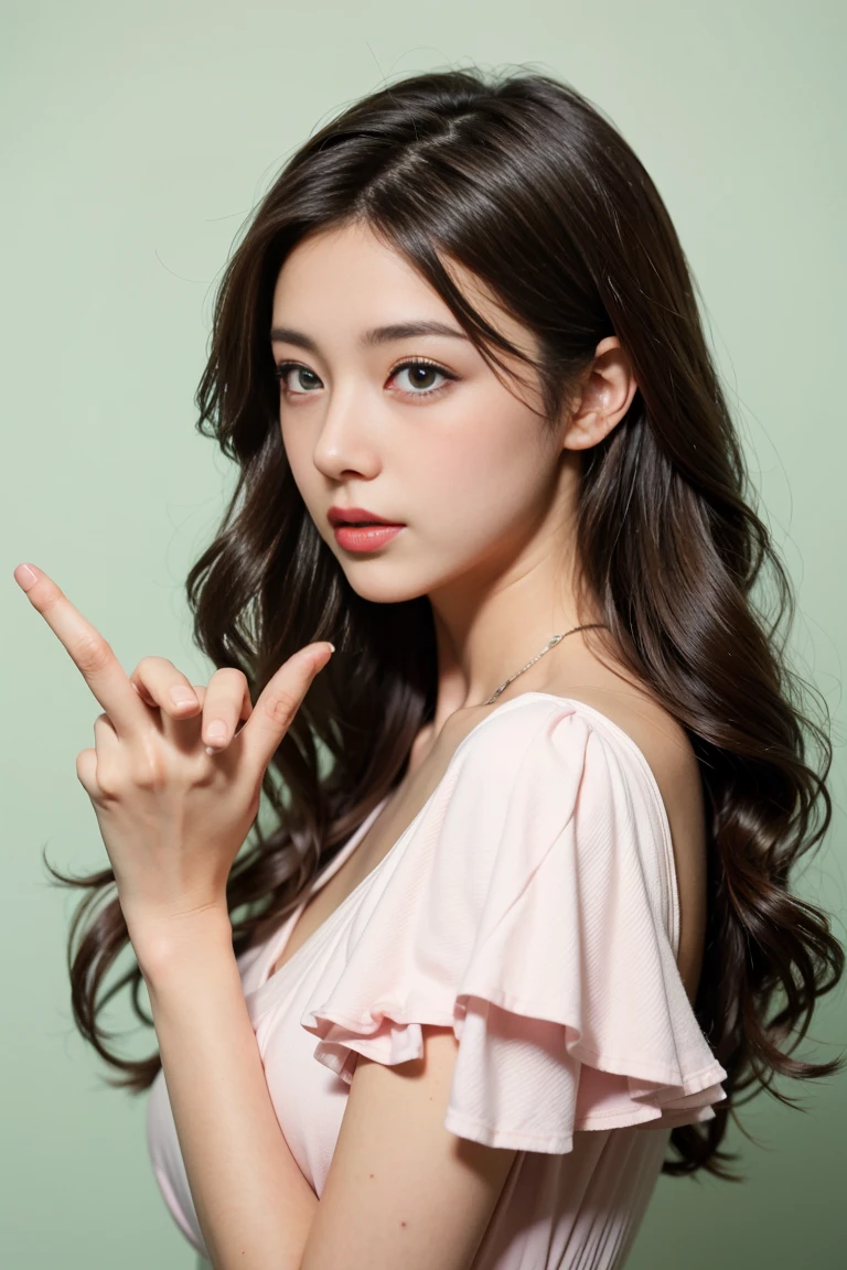 Wavy long hair, Brown Hair, One girl, Emerald Eyes, Shake with two fingers, Pink Lips, Pastel Green Dress,