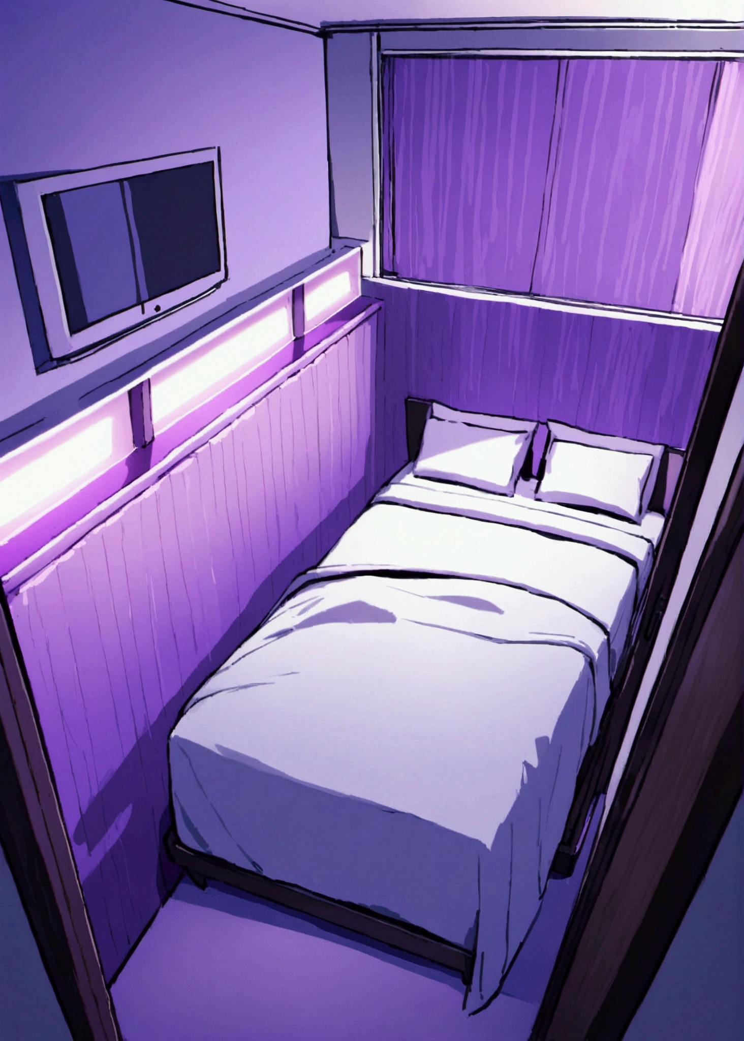 Bed seen from above、White sheets、Nobody is here, hotel room, love hotel, purple lights