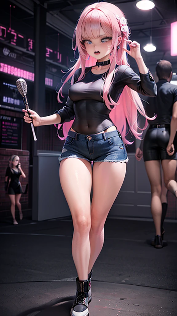 (masterpiece), (Highest quality), (High resolution), detailed, (複雑なdetailed 1.2), (Hyper detailed 1.4), (Gorgeous Digital Art 1.2), Absurd, One girl, Small breasts, teeth, hair ornaments, alone, Pink Hair, (Black Shirt:1.3), jeans, (station:1.2) running, Thighs, Short Stack, 