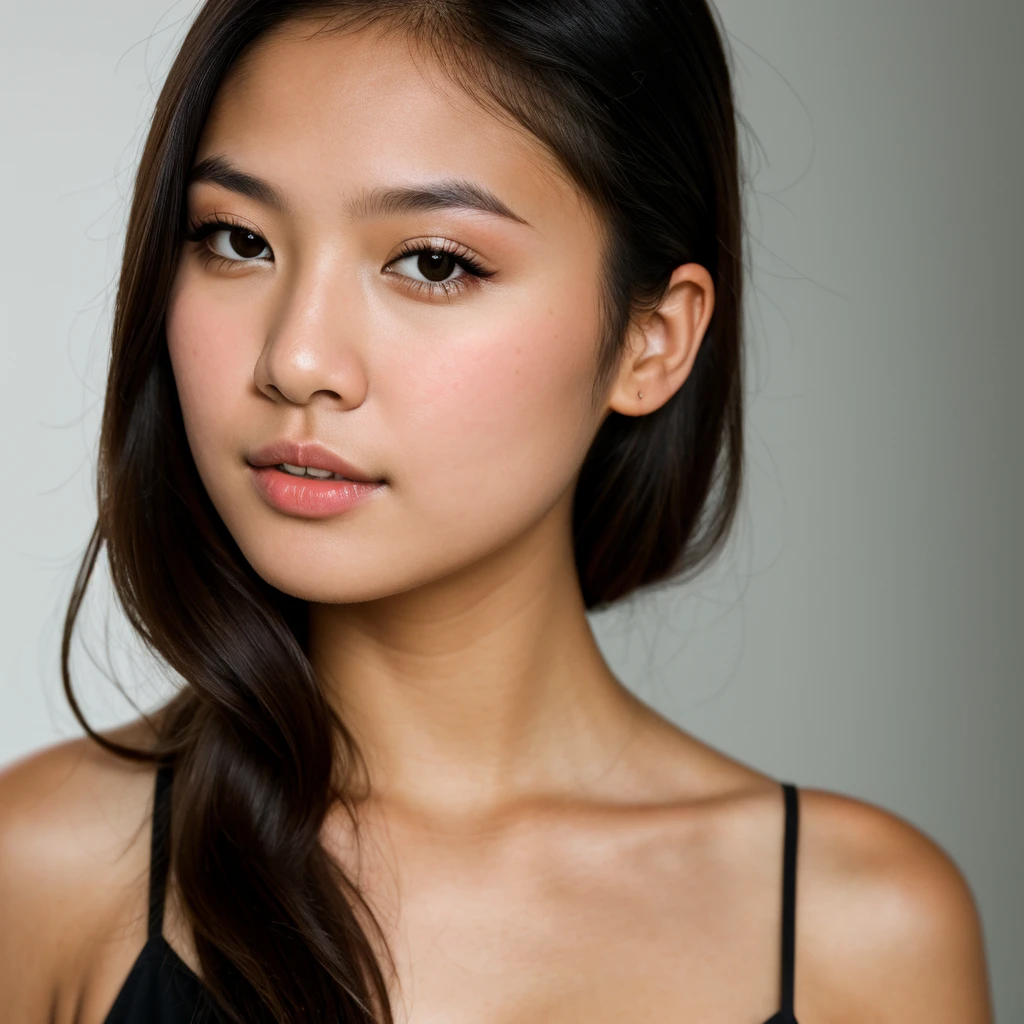 young girl, Asian girl with dark brown hair, big breast, she is dressed in elegant black dress, photo taken on a white background, face close-up. Ultra-high resolution, (photorealistic: 1.4), high resolution, (brown eyes), (finely detailed skin), (perfectly proportioned) (photo realistic) (masterpiece) (photorealistic), ultrarealistic (Best Quality) (Detailed) photographed in a Canon EOS R5, 50mm Lens, F/2.8, (8K) (Wallpaper) (Natural lighting) (Convoluted) Fashion