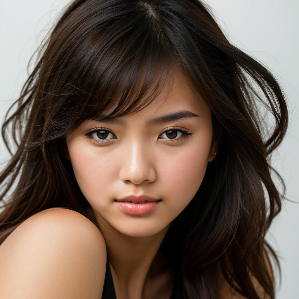 young girl, Asian girl with dark brown hair, big breast, she is dressed in elegant black dress, photo taken on a white background, face close-up. Ultra-high resolution, (photorealistic: 1.4), high resolution, (brown eyes), (finely detailed skin), (perfectly proportioned) (photo realistic) (masterpiece) (photorealistic), ultrarealistic (Best Quality) (Detailed) photographed in a Canon EOS R5, 50mm Lens, F/2.8, (8K) (Wallpaper) (Natural lighting) (Convoluted) Fashion