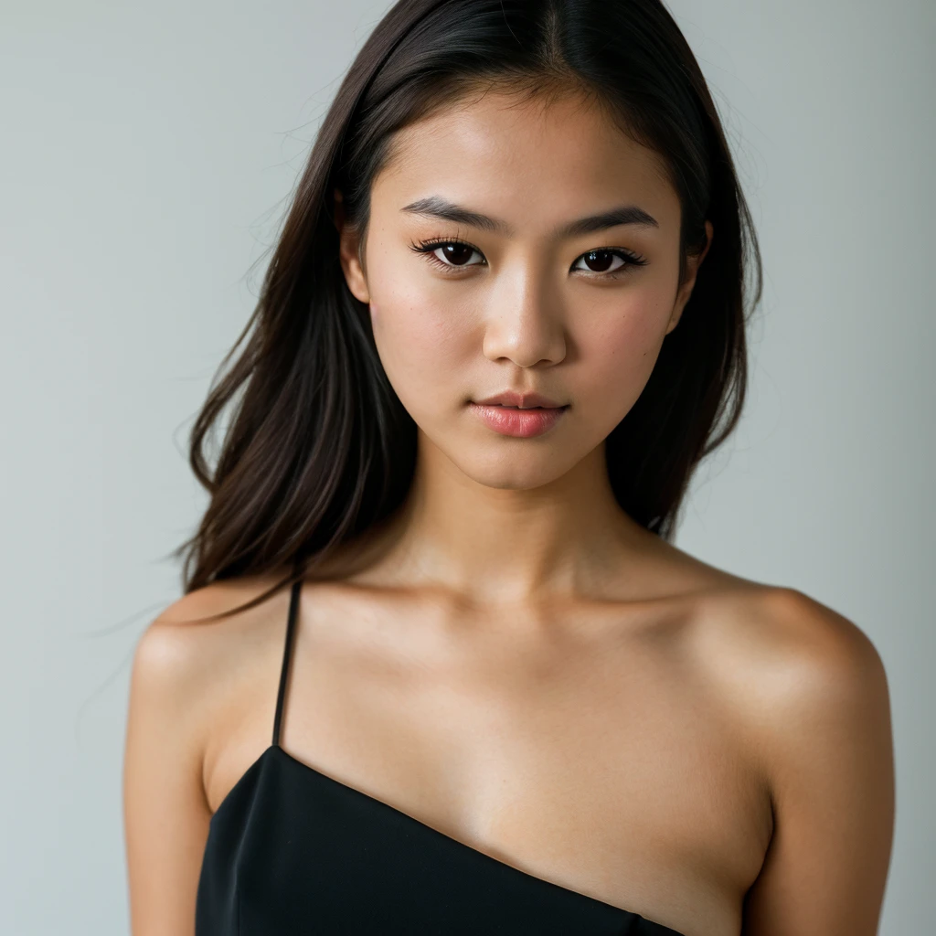 young girl, Asian girl with dark brown hair, big breast, she is dressed in elegant black dress, photo taken on a white background, face close-up. Ultra-high resolution, (photorealistic: 1.4), high resolution, (brown eyes), (finely detailed skin), (perfectly proportioned) (photo realistic) (masterpiece) (photorealistic), ultrarealistic (Best Quality) (Detailed) photographed in a Canon EOS R5, 50mm Lens, F/2.8, (8K) (Wallpaper) (Natural lighting) (Convoluted) Fashion