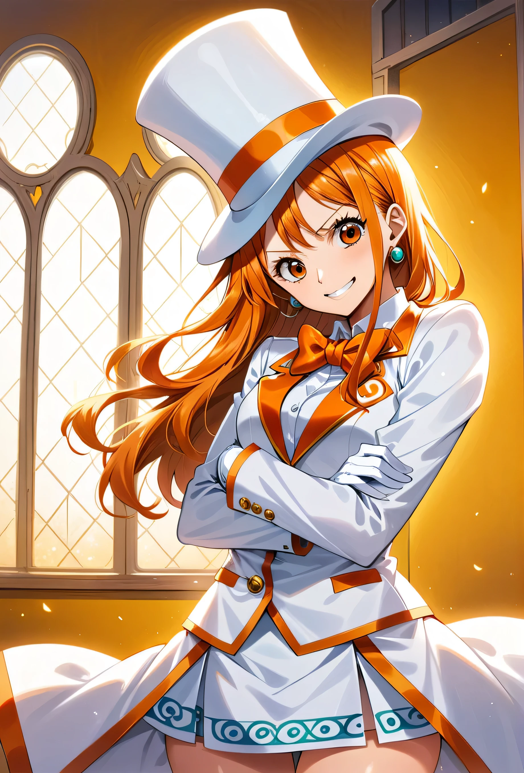 (best quality, hdr, high resolution) Solo, nami (one piece), (((oversized white top hat with orange trim, snuggly fit  over face))), ((a white suit with orange trim, white tuxedo shirt with ruffles, long sleeved , large orange bowtie)), ((white miniskirt with orange trim)), white gloves, white high heels, earrings, (smiling, playful, feisty), ((dapper)), posing in a yellow room with floral etchings and ornate windows, (glamorous pose), close up