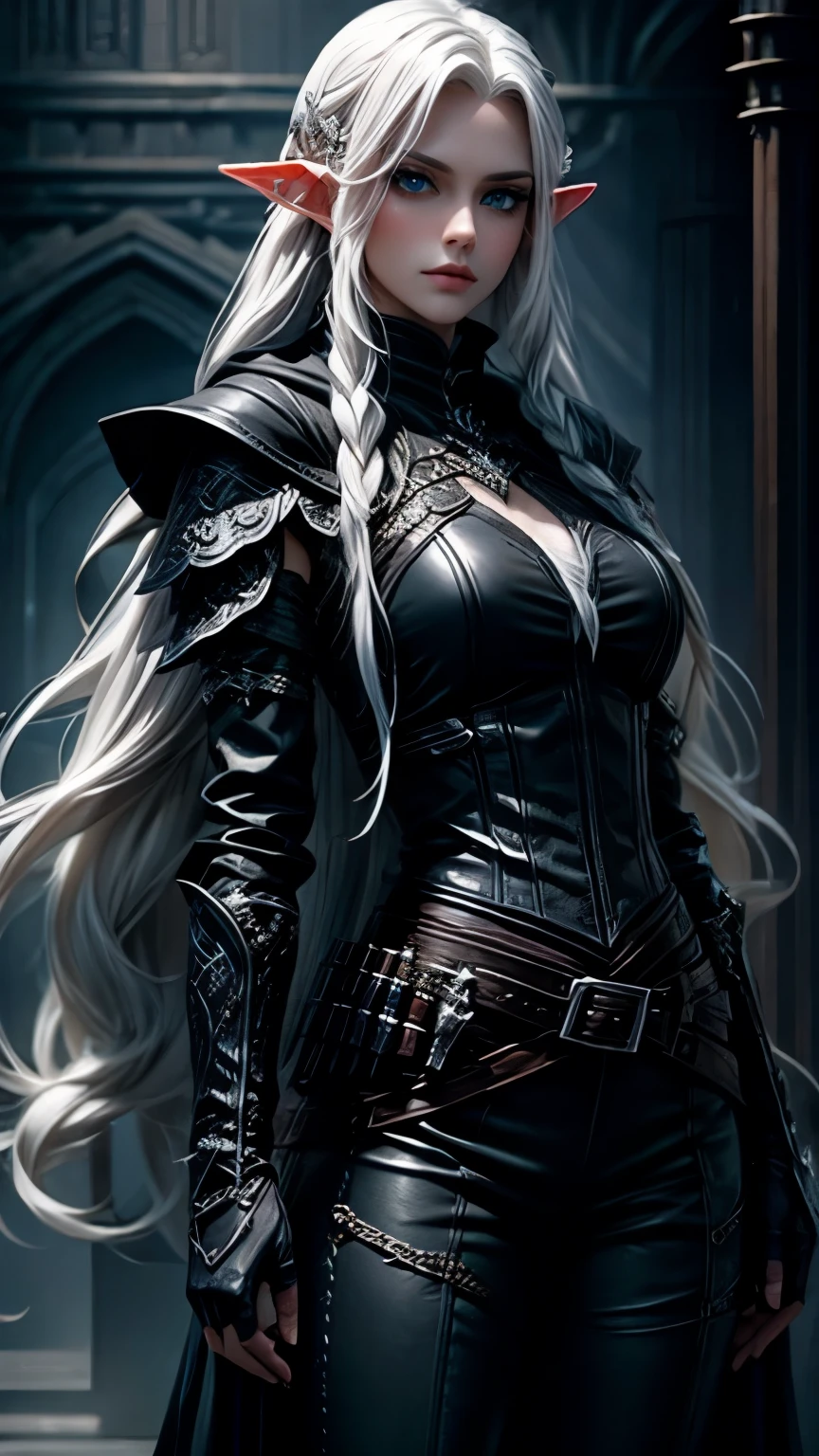 fully clothed, pale shadar-kai skin, elf, gloomy, silky white hair, long gloves, black leather armor, hair ornemant flower, standing up, rogue, sleeveless. Leather pants, Goth girl. Blue eyes. Pale.