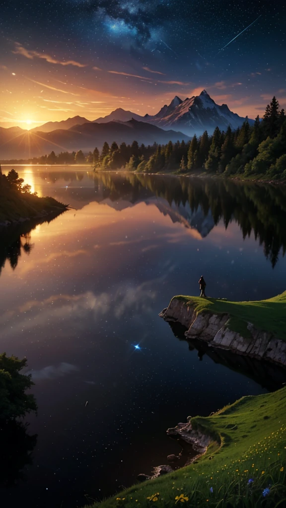 (Logo, Amazing, 8K, Tabletop, Raw Photo, Amazing, Top Quality, Photorealistic and Highly Detailed, CG, High Quality, Highly Detailed, Narrative Verse, Particle Effects, Dynamic Effects, Text Border the depth, cinematic lights, flares, raytracing, tabletop, realistic, ultra HD, fantasy), the wind, the beauty and brilliance of mountains and forests, the serenity and beauty of the world's grasslands and vast lands, Lakeside, wonderful scenery, beautiful natural scenery, night, starry sky, constellation, full moon, space, gorgeous, view, water, constellation, wonder, fantastic, meteor, magic, best illumination, best shadow