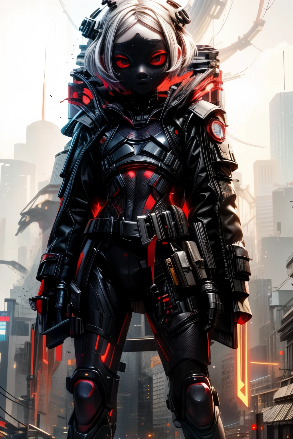 appearence a 13 years old teenage girl,red eyes,albino,calm,quiet,cute,pretty,full body,looking ahead,short hair combed back,red outfit,black short,tied hair,spider verse suit,serious look,cyberpunk background 