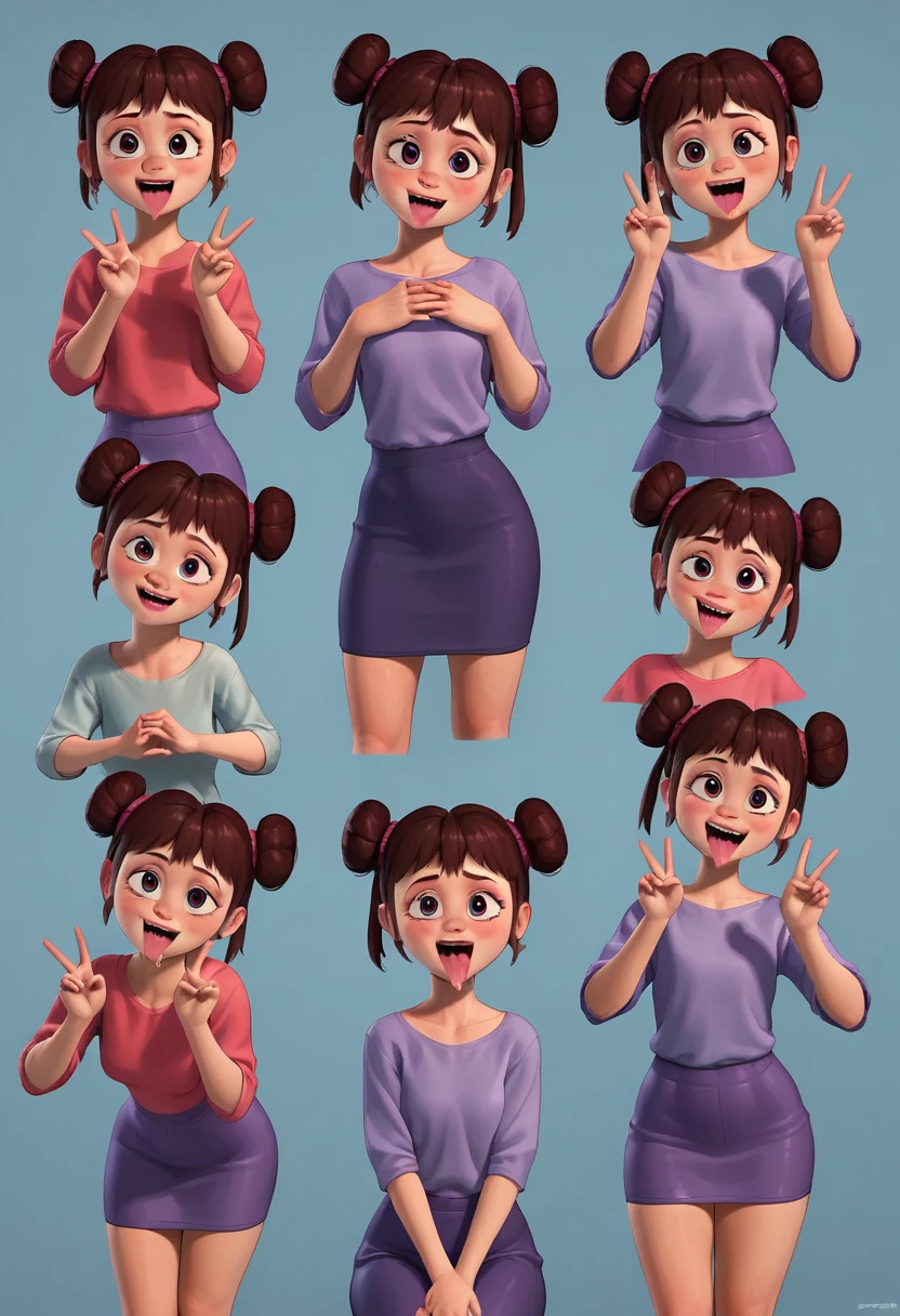 Boo, peace sign, ahegao, tilt your head, cowboy shot, coxas nuas, ((top scoop rosa)), 1 girl, alone, salient smile, ((purple pencil skirt)) gazing at viewer, hands crossed, whole body, poses photos, best qualityer, no flaws