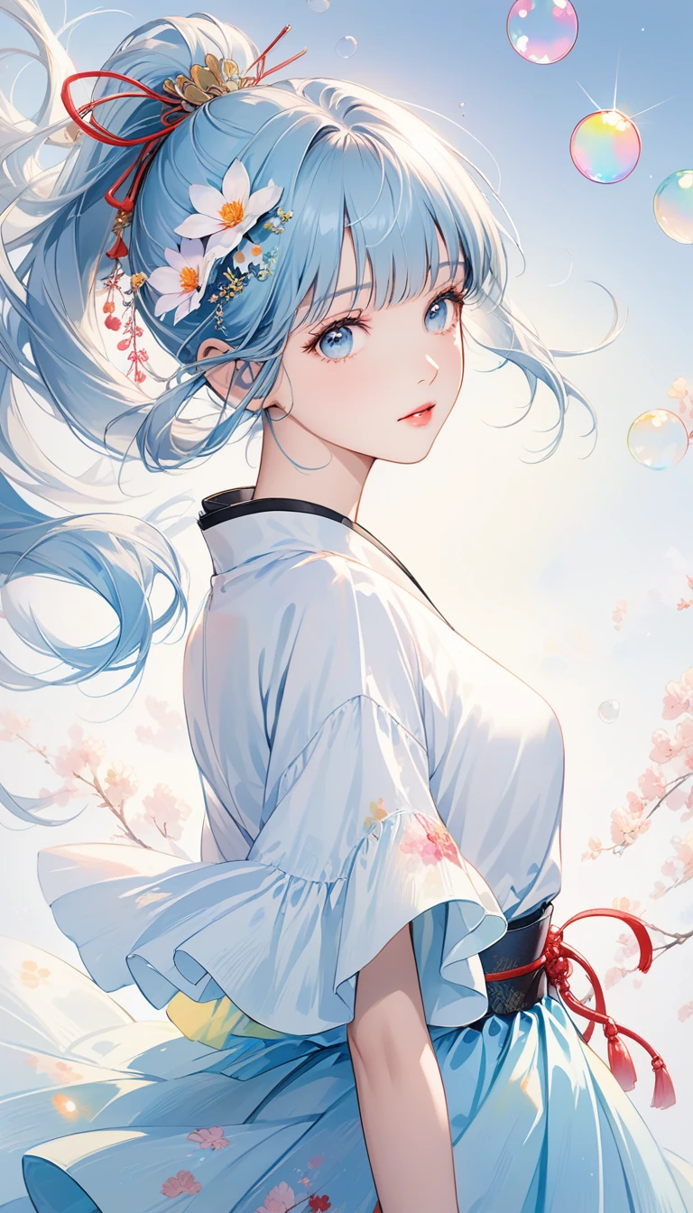 (masterpiece), (best quality), (Extremely detailed),(Messy hair),(illustration), (1 Girl), (Fashion), permanent, fashion model, Looking at the audience, (interview), (Simple background),Beautiful and delicate eyes, Delicate and beautiful face, floating,(High Saturation),(Colorful splash),Colored bubbles,(shining), Focus on the face, Ponytail, Kamisato Ayaka, Light blue hair, Bangs, Hair ring, Floating flowers, Floating hair, (shining), Optimal lighting, The best shadow,