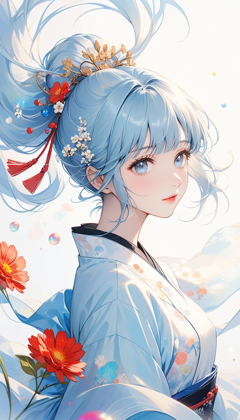 (masterpiece), (best quality), (Extremely detailed),(Messy hair),(illustration), (1 Girl), (Fashion), permanent, fashion model, Looking at the audience, (interview), (Simple background),Beautiful and delicate eyes, Delicate and beautiful face, floating,(High Saturation),(Colorful splash),Colored bubbles,(shining), Focus on the face, Ponytail, Kamisato Ayaka, Light blue hair, Bangs, Hair ring, Floating flowers, Floating hair, (shining), Optimal lighting, The best shadow,