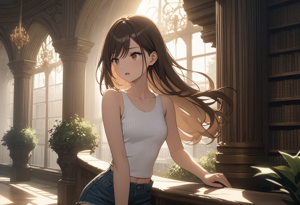 ((Masterpiece)), ((best quality)), (Anime:1.3), (super detail:1.2), (High Definition:1.3), (Professional Photography:1.3), (wide shot), (very aesthetic:1.2), (absurdres:1.2), (sharp focus), (perfect light), 8K, ((very long brown hair)), Glossy skin, cinematic lighting, 1 young woman, (ribbed white tank top with thin straps), (jean shorts), ((toned arms, holding book)), small breasts, very long brown hair, (brown eyes, swept bangs), stoic, open mouth, collarbones, BREAK, ((best quality)), (very aesthetic:1.2), (absurdres:1.2), (Leaning against ornate balustrade, chandeliers, potted plants, orange sunlight filtering through windows), (crowded library),