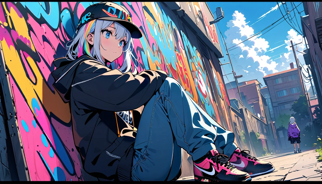 HD 8k Handsome sexy, Solitary, 1 female, Medium Length Hair, white hair, Rainbow hair, blue Eyes, looking away, Rainbow headphone, hoodie, colored hoodie, black Trucker Hat, hip-hop k-pop'style big hooded jacket denim shorts, sneakers NIKE, Human focus looking away, To sit on top of a wall and gaze at a town with a night 8K beautiful view, outdoor, blue sky, White clouds, graffiti Popularity spray art wall,