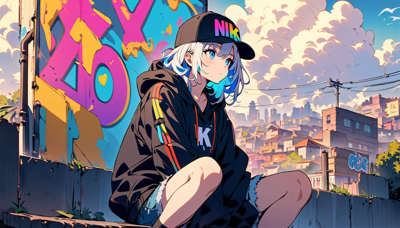HD 8k Handsome sexy, Solitary, 1 female, Medium Length Hair, white hair, Rainbow hair, blue Eyes, looking away, Rainbow headphone, hoodie, colored hoodie, black Trucker Hat, hip-hop k-pop'style big hooded jacket denim shorts, sneakers NIKE, Human focus looking away, To sit on top of a wall and gaze at a town with a night 8K beautiful view, outdoor, blue sky, White clouds, graffiti Popularity spray art wall,