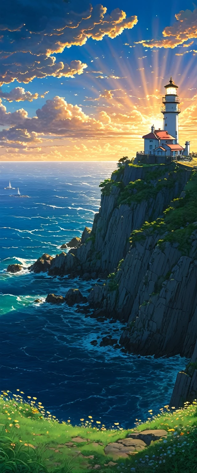 High quality, 8K Ultra HD.a painting of a lone lighthouse lighting all around on a cliff by Studio Ghibli, beautiful anime scene, beautiful anime peace scene, Studio Ghibli, lighthouse, amazing miyazaki, thomas kinkade matte 4k, background anime landscape wallpaper, anime nature wallpaper, amazing wallpaper, brilliant sunset, extremely majestic landscape, 8k clouds in the sunset, sky on earth, golden celestial lights, anime art wallpaper 4K, anime background, anime 8K art wallpaper, art anime wallpaper, anime landscape wallpaper, amazing wallpaper, high quality wallpaper definition, 4k anime wallpaper , 4k anime wallpaper, Aries Moross art, Bob Byerley art, AshleyWoodArtAI, greg rutkowski