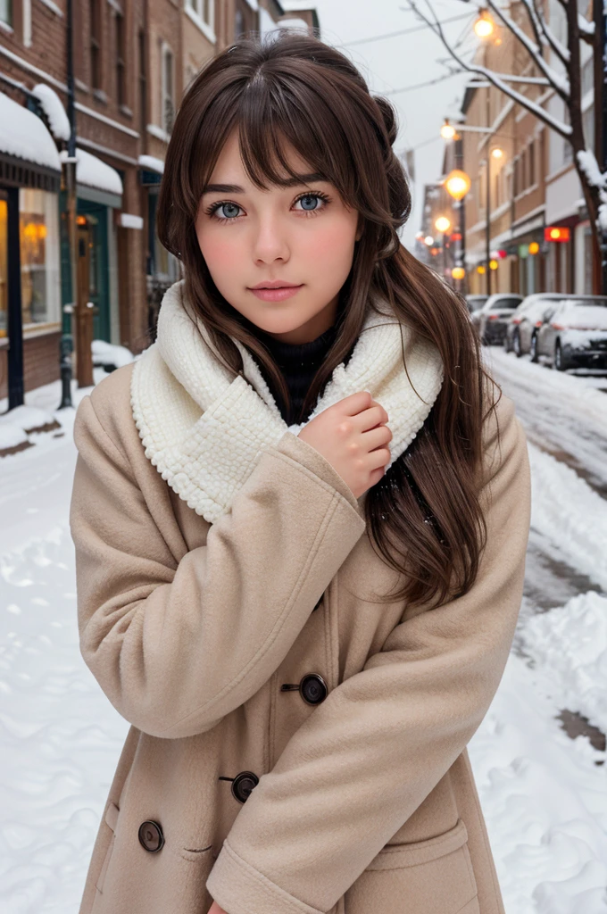 

---

Create an ultra-realistic image of a girl with brown hair styled in bangs standing on a winter street. She is slightly turned to one side, with her face mostly covered by the high collar of a thick, cozy winter coat. Only her expressive eyes are visible, and she is blushing with shyness. The winter street is lined with snow-covered buildings and softly falling snowflakes, creating a serene and cold atmosphere. Her eyes convey a gentle, shy warmth despite the cold surroundings. The overall scene should capture the contrast between the chilly environment and the warmth of her shy expression
