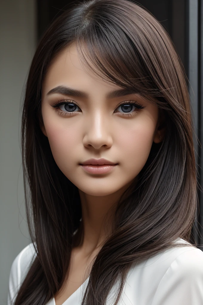 1 girl, black casual evening dress, White background, Brown hair, American Girl, Blue eyes, (Facial details Magnificent - Best quality:1.2), beautiful woman, single eyelids,Big bridge of nose,sharp nose,high bridge of nose,Bar fracture,Danfeng Eyes,single eyelids,thin lips,Close lips,Cut small mouth,slender lips,High nose,Roman nose,pointed nose,Wide nose wings,lone eyelids,with fair skin,Facial blacknesses are exquisite and perfect,kavais,sing eyelids,Tender and delicate eyelids, Eyes,numerical art,Amazing small eyes,Tender thin eyebrows,Orthofacial,Front makeup,Orthotic corners thin,Orthotic corners raised,Goose egg face,Exquisite and beautiful,small eyes,Danfeng Eyes,Elongated eyes,Sweet little mouth 