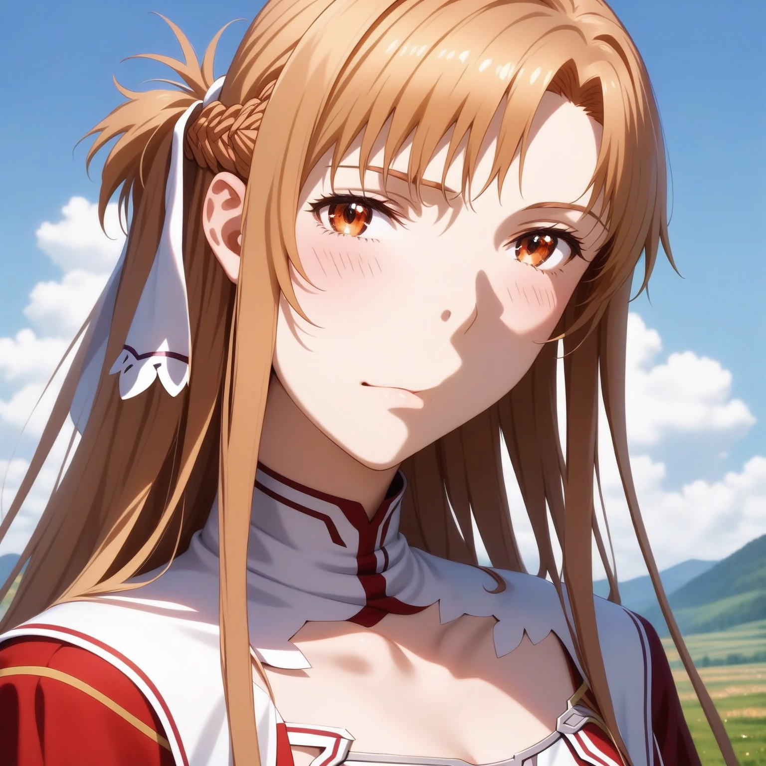 "Create a highly realistic AI-generated image of Asuna from Sword Art Online. The character should closely resemble her original design, including her iconic white and red outfit, long flowing hair, and confident yet gentle expression. Pay close attention to the details of her face, hairstyle, and clothing to ensure a high degree of likeness. The background should be a complementary setting that enhances her character, such as a medieval fantasy environment or a serene outdoor landscape. The overall image should capture the essence and personality of Asuna in a realistic and detailed manner."

