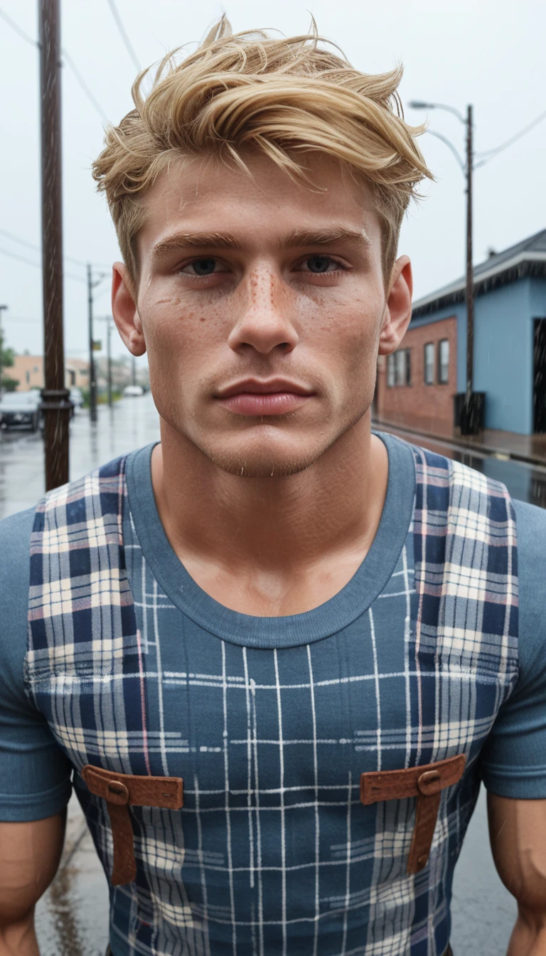 8K,score_9,score_8_above,score_7_above, yaoi, 1 boys,homosexual, detailed, very short hair, blonde hair, freckles, blue eyes, freckles, freckles on body, broad muscular shoulders, pectoral muscles, Abdomen, vascular biceps and triceps, shirt in flannel, cute, blonde, boy face, cute face, perspective above, looking at viewer, rain, cloudy sky, street rain
