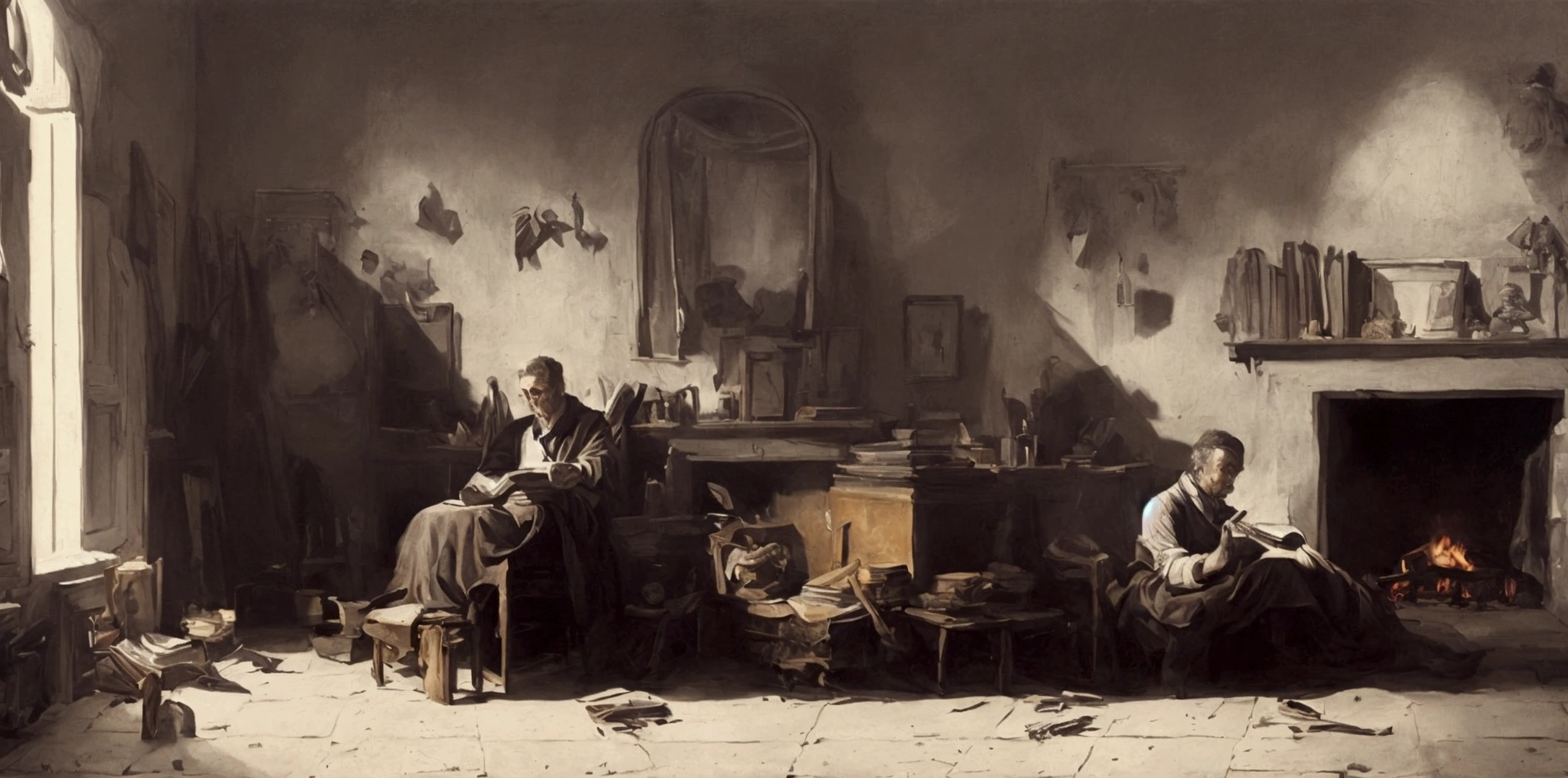 masterpiece, Best quality, official art, 8k wallpaper, Very detailed, 1 man, at home in the evening reading a book in front of the fireplace, horror stories, tense facial expression, human shadows are visible on the wall, which stretch their hands to the man behind his back, cinematic effect, book illustration