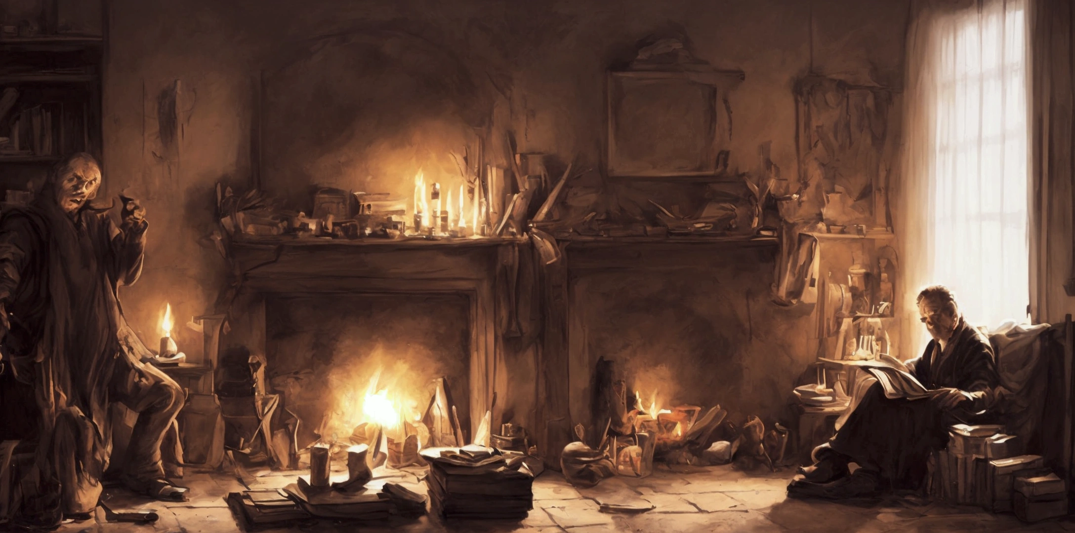 masterpiece, Best quality, official art, 8k wallpaper, Very detailed, 1 man, at home in the evening reading a book in front of the fireplace, horror stories, tense facial expression, human shadows are visible on the wall, which stretch their hands to the man behind his back, cinematic effect, book illustration